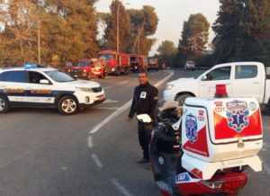 EMT Lahav Meuda pictured after responding to an emergency call on his ambucycle.