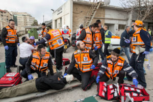 United Hatzalah EMTs during a training exercise in Jerusalem.