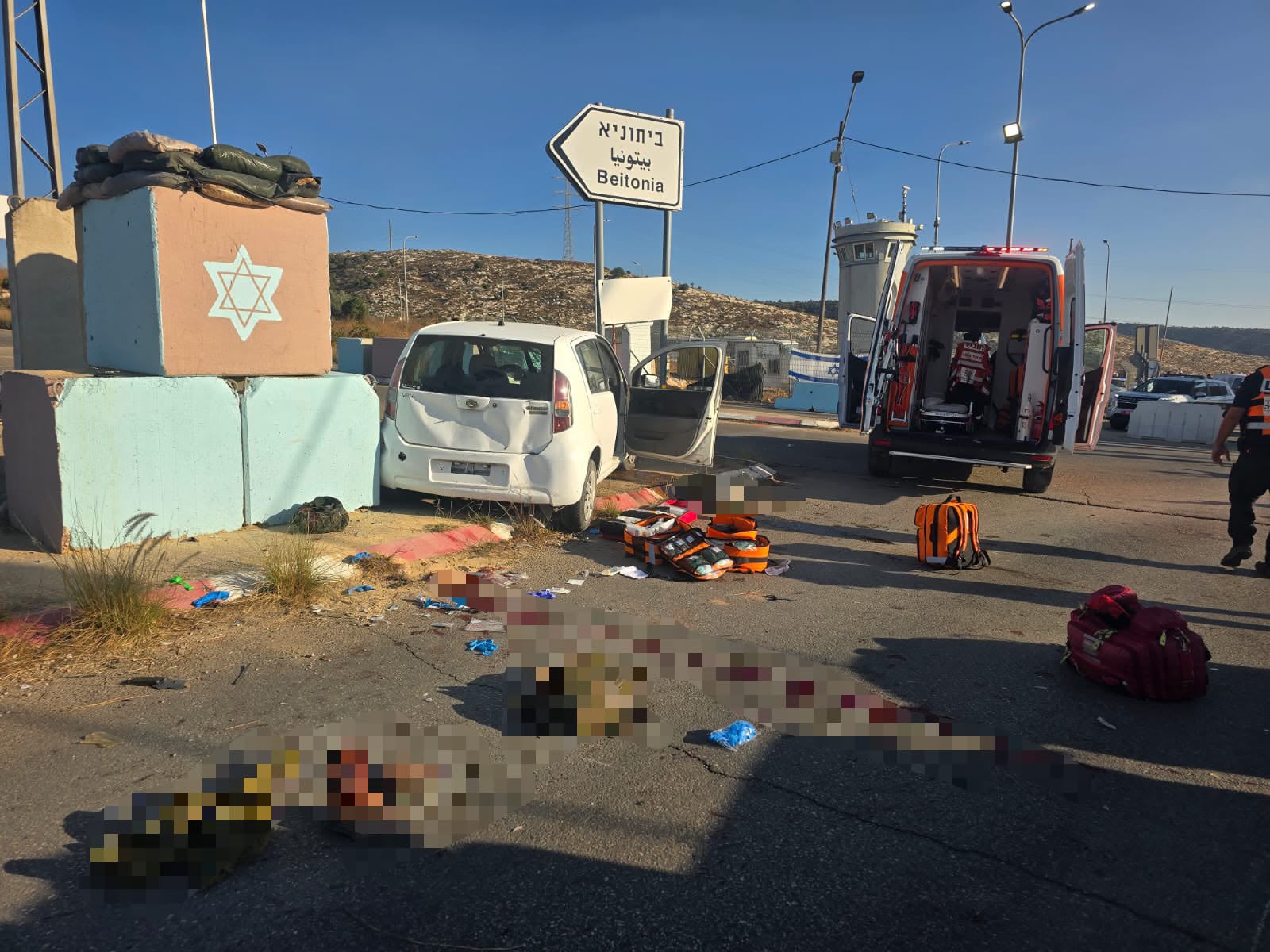 United Hatzalah ambulance on the scene of a car ramming near Beit Horon on Highway 443.