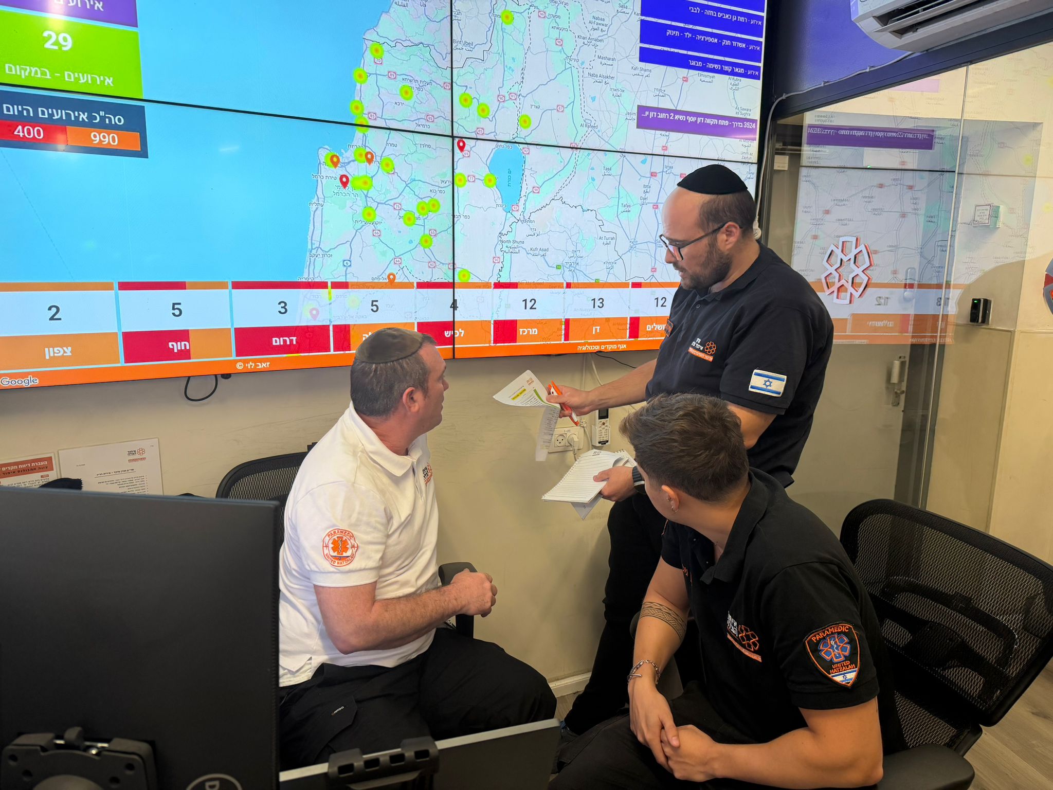 United Hatzalah Dispatch Center operators consulting with physician volunteers.